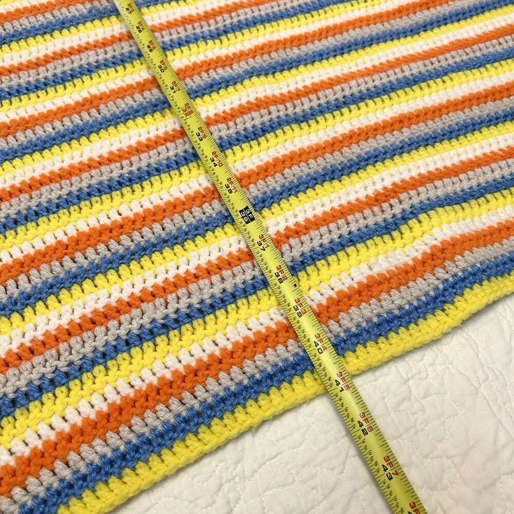 Handmade Vintage Cottagecore Orange Yellow Blue & White Afghan Blanket 56 x 41”